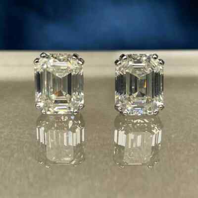 4Ct Emerald Created Diamond Solitaire Push Stud Earrings 14K White Gold Over