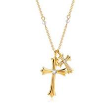 Stainless Steel Gold Plated Cubic Zirconia Double Cross Pendant W/ 20" Necklace