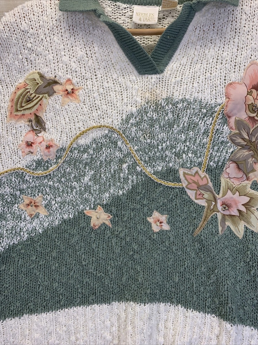 Vintage 80s Knotty Knit Floral Beaded Grandmacore Sweater Womens