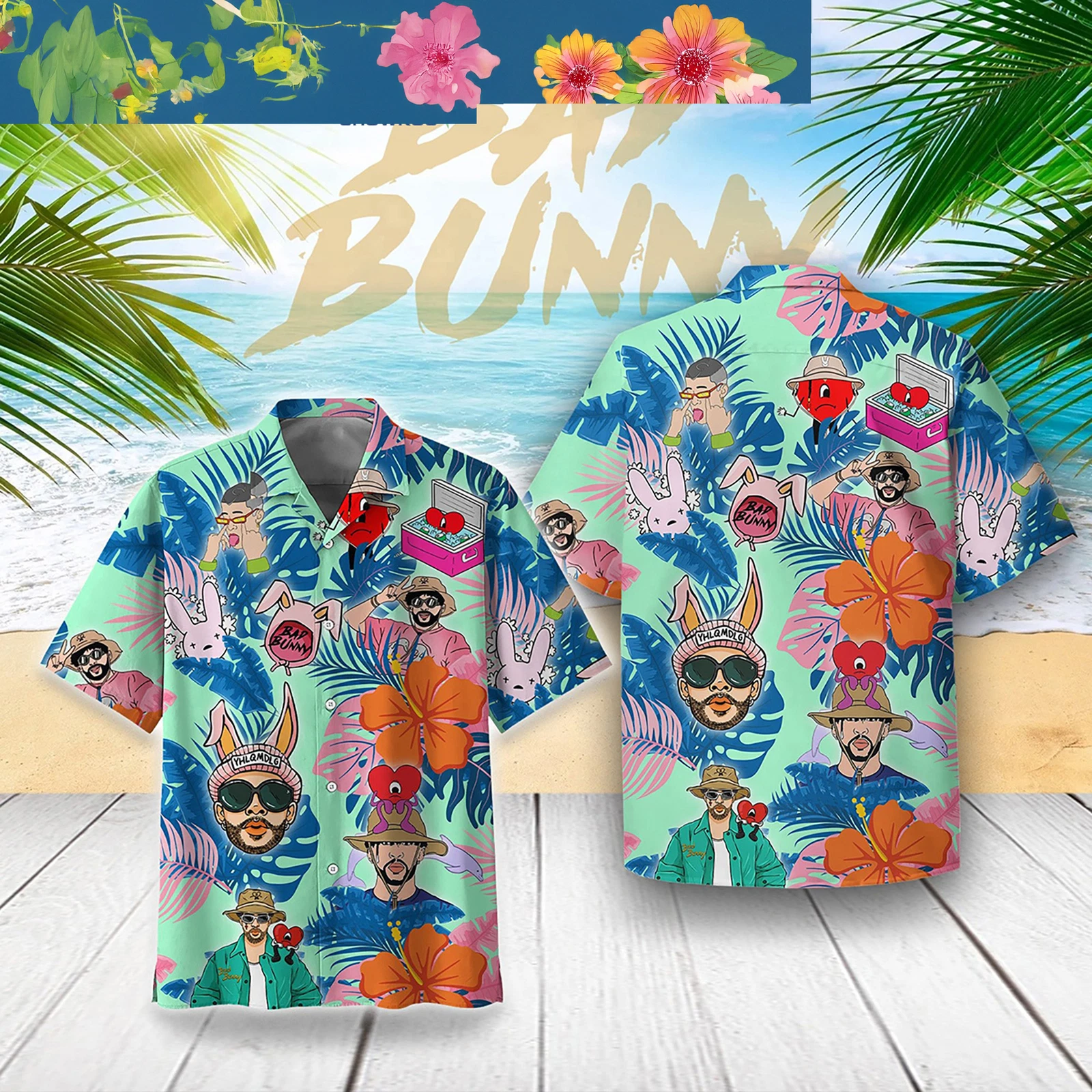 Bad Bunny Love Dolphin Coconut Palm Hawaiian Shirt