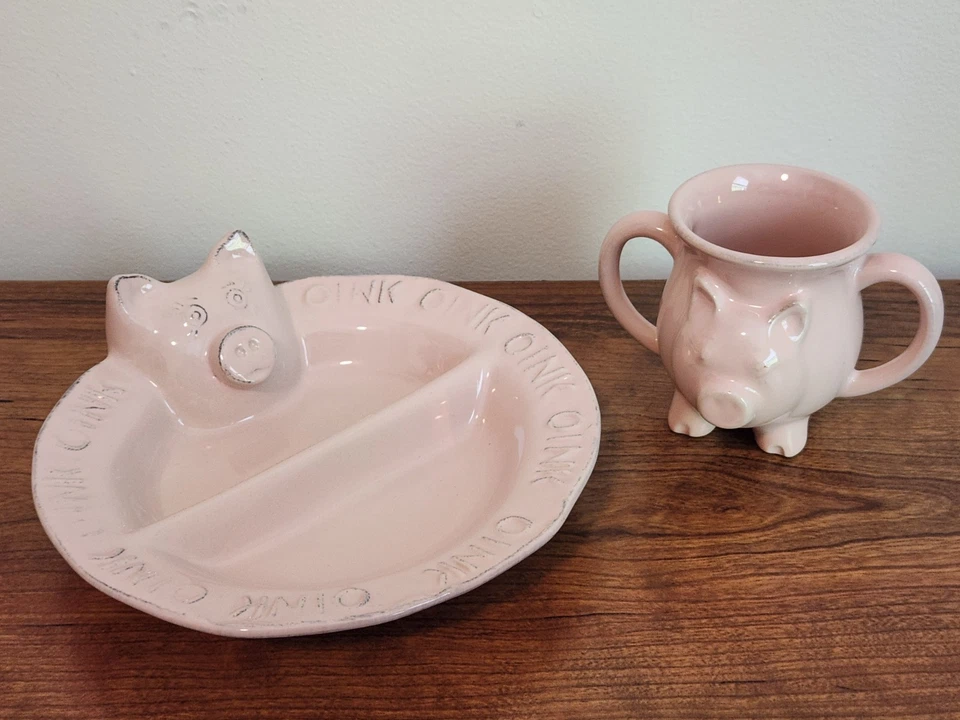 Juego de 2 piezas de vajilla y taza divididos para niños Casafina Baby Cerdo rosa Foto 2 de 4