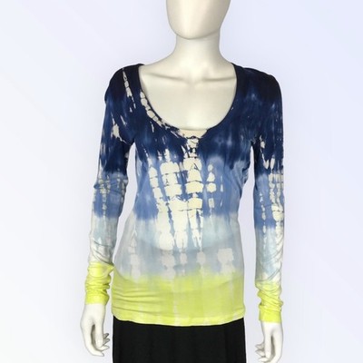 Young Fab & Broke Tie Dye Tee Shirt Blue & Yellow Boho Knit 
