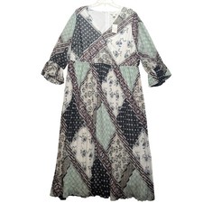 NWT Catherines Est 1946 Maxi Dress 18/20W Green Patchwork Floral Bell Sleeve