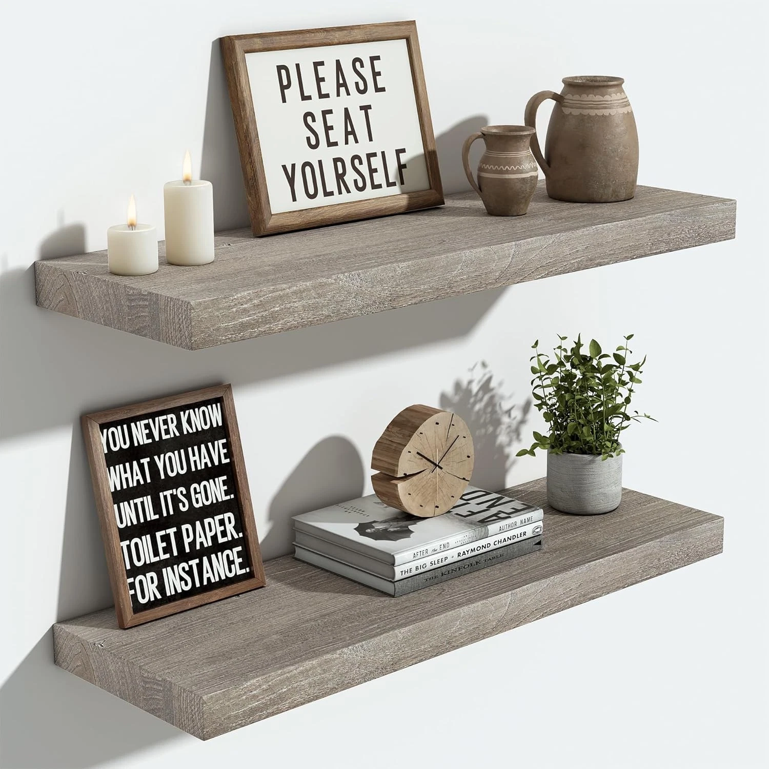Elm Wood Grey Floating Shelves 24" Set of 2 45lb 8" #R017