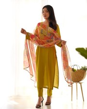 Women Mustard Kurta Pant Dupatta Set Viscose Indian Ethnic Office Wear Suit