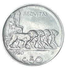 50 CENTESIMI 1920 - LEONI - ITALIA - VITTORIO EMANUELE III - BORDO RIGATO - BB+