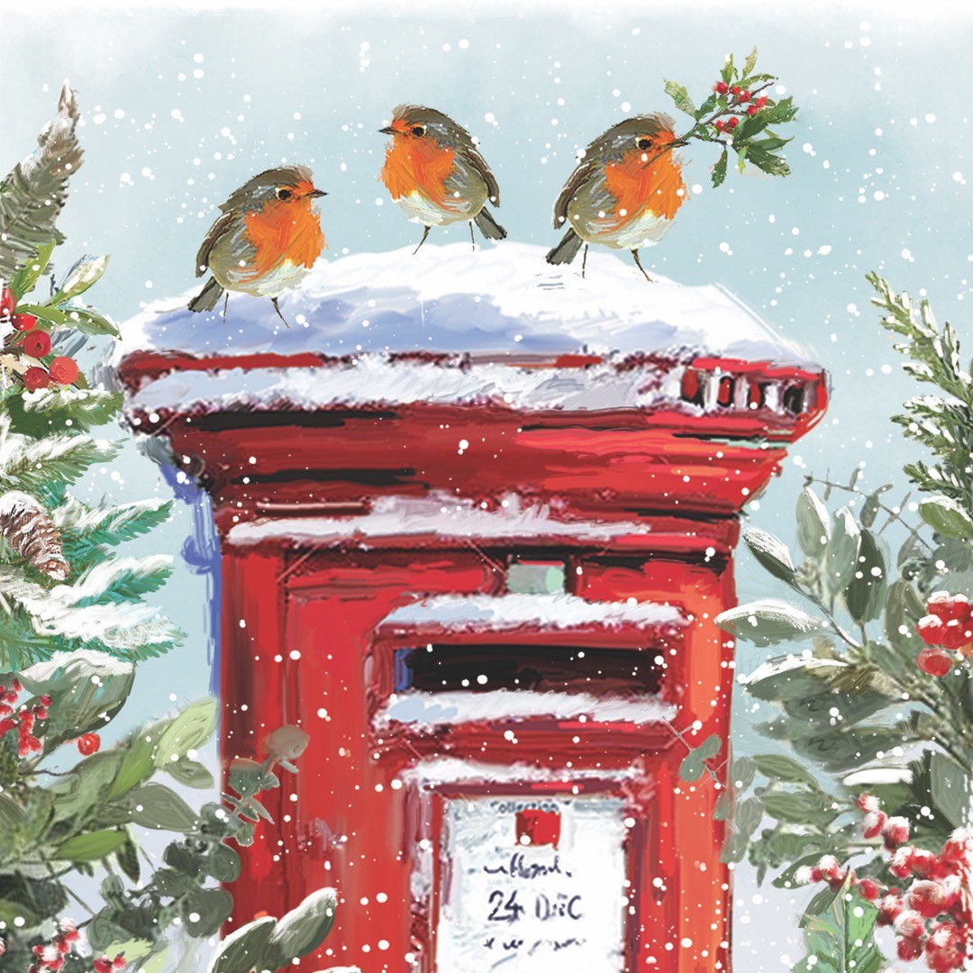 Robin Tweetings on Postbox Traditional Vintage Art Charity Christmas 6 Card Pack