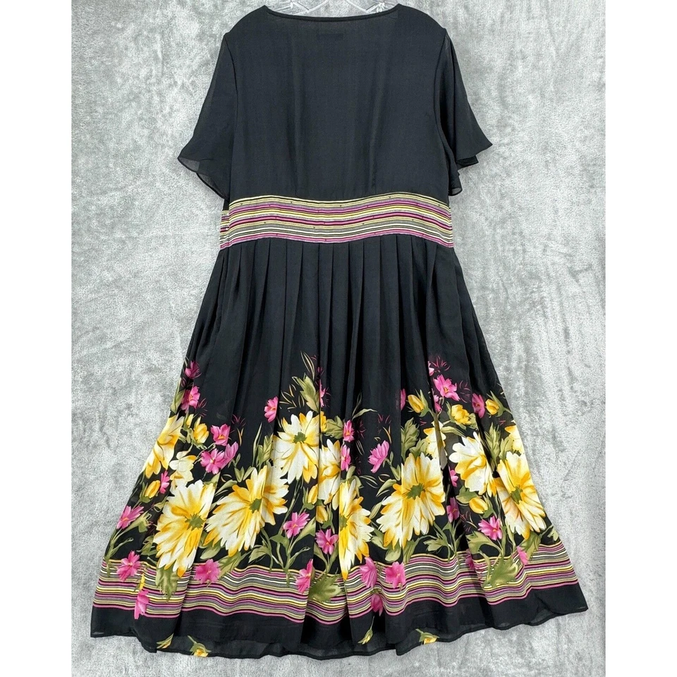 Dressbarn Dress 16W Maxi Floral Cottage Modest Prairie Chiffon Zip Lined Black - Image 2 of 4