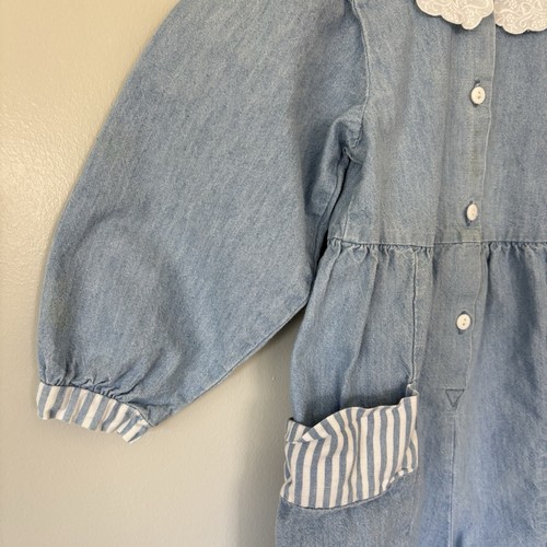 Vintage Oshkosh Denim Bubble Jumpsuit Romper 4T Peterpan Collar Pockets USA 90s - Picture 8 of 24