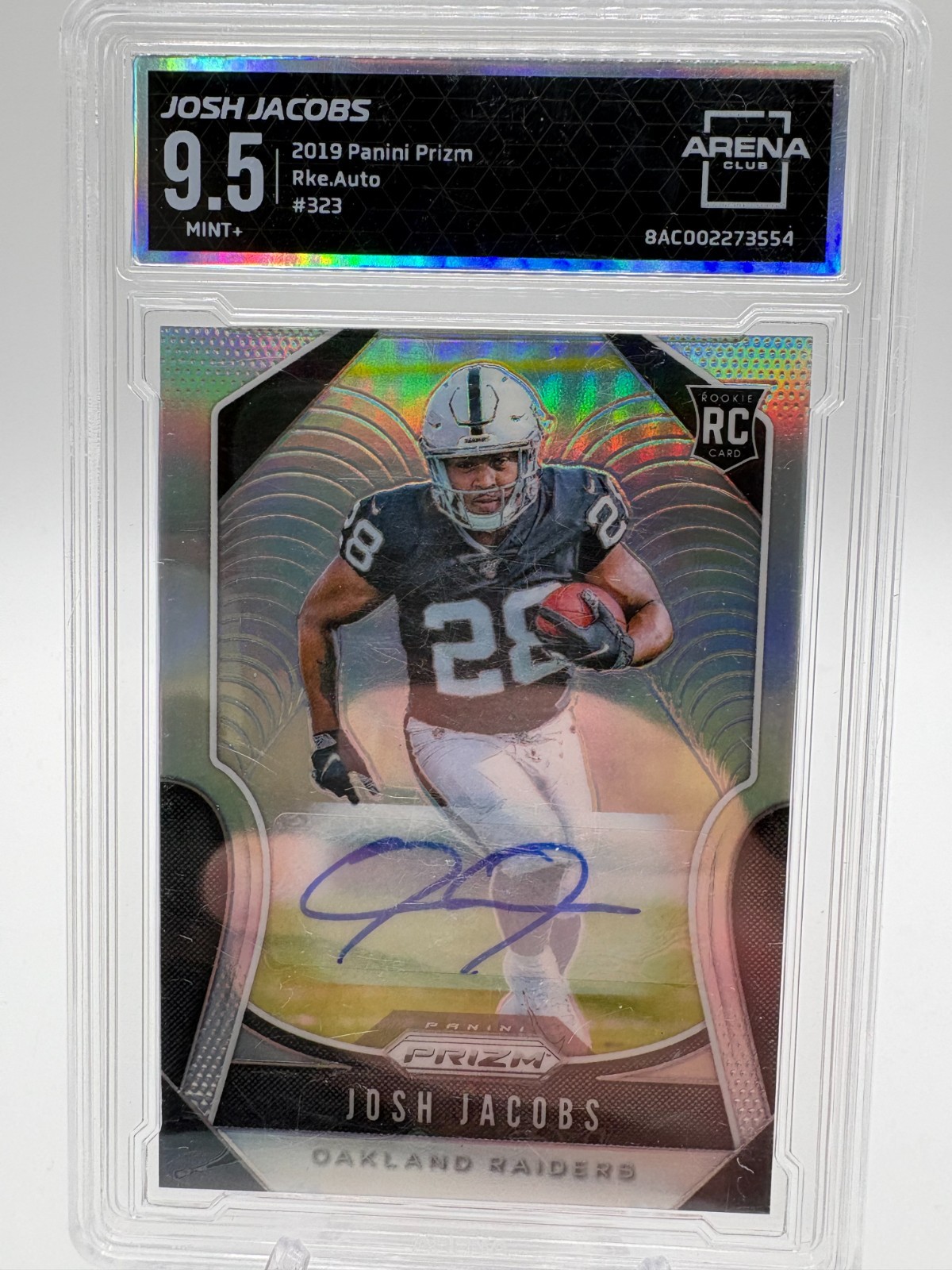 JOSH JACOBS 2019 PANINI PRIZM SILVER PRIZM RC AUTO #323 ARENA 9.5 PACKERS