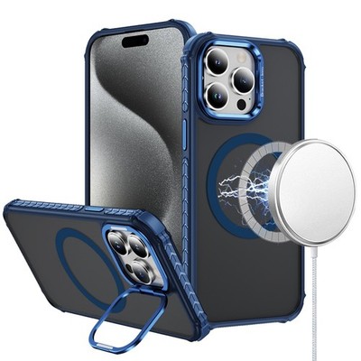 For iPhone 15 Pro Max Case Metal Lens Stand Magnetic Circle + 2 Tempered Glass