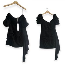 Ronny Kobo Diana Dress Black Puff Sleeve Off Shoulder Mini Size M NWT $498
