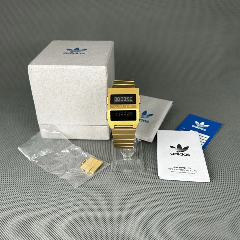 Adidas Gold Digital Watch Archive_M3 Backlight New Battery Box Links RARE VGC - Image 2 of 4