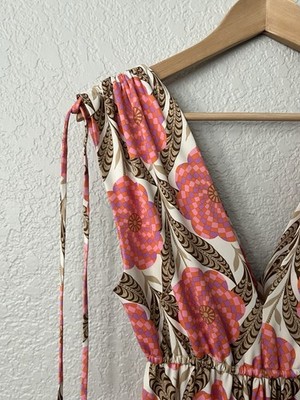 Julie Brown Womens V-Neck Abstract Print Maxi Dress Pink Cream Brown Size M  | eBay