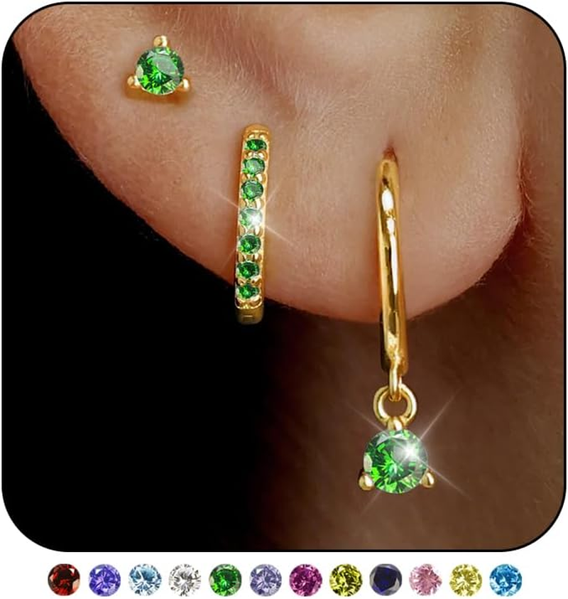 14K Gold Plated Huggie Hoop Earrings with Dainty Birthstone Charm