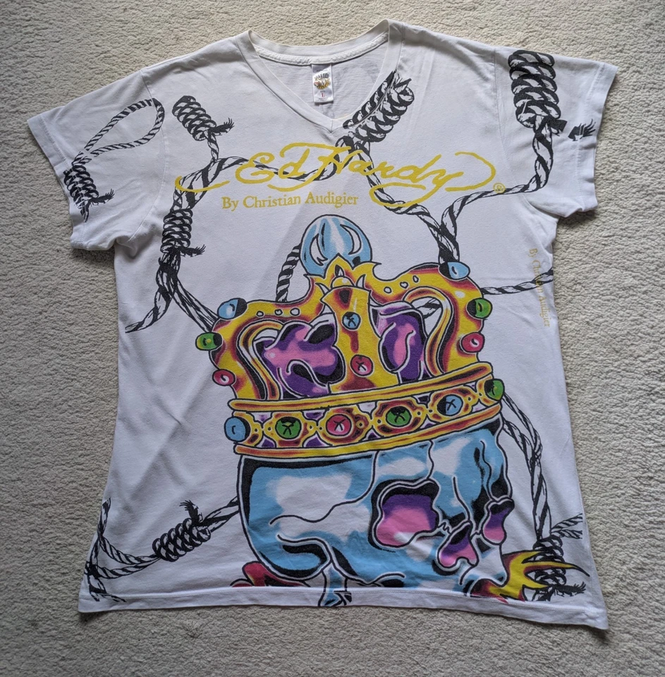 Vintage Don Ed Hardy Mens Skull Rope Design White V Neck T-shirt - Size Large - Image 1 of 4