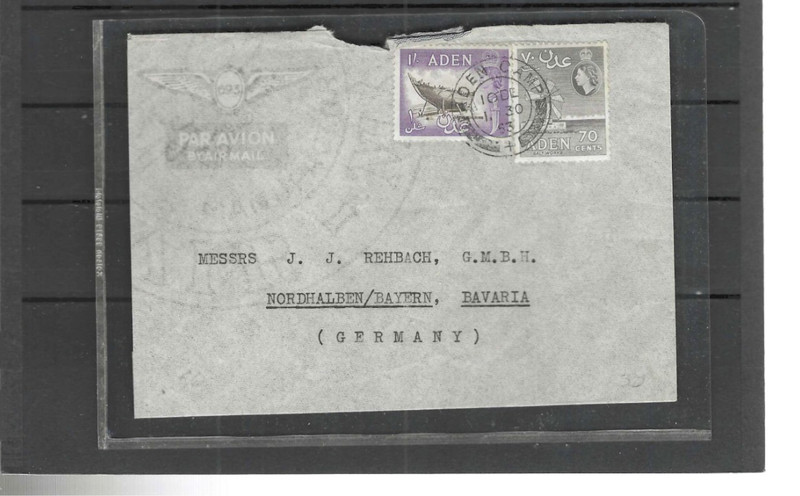 ADEN 1953 AIR LETTER TO GERMANY ADEN CAMP STRIKE SOME DAMAGE #318