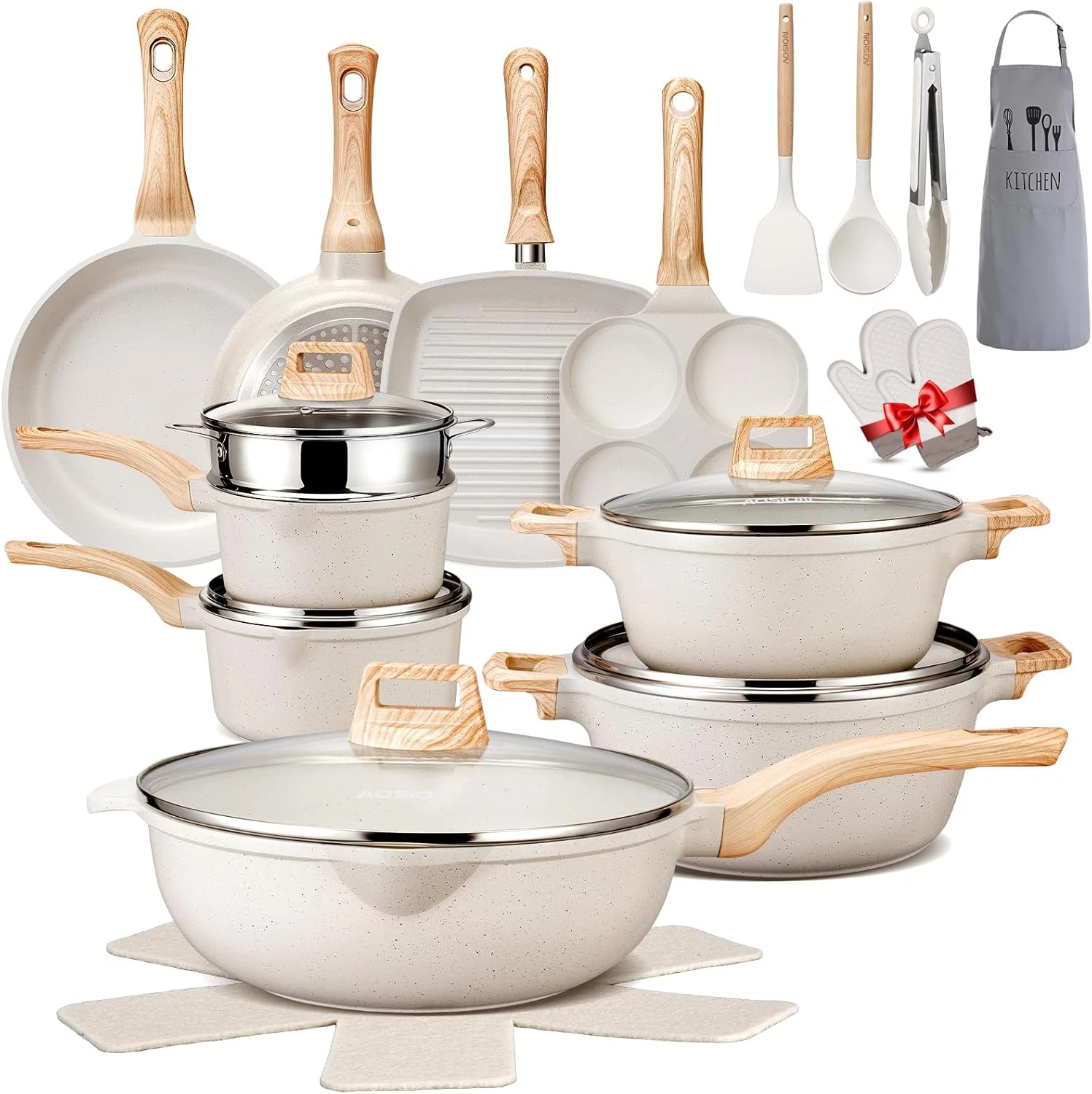 27PC Nonstick Ceramic Cookware Set with Accessories - Ivory