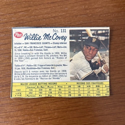 1962 Post Canadian Baseball #131 Willie McCovey San Francisco Giants Set Break