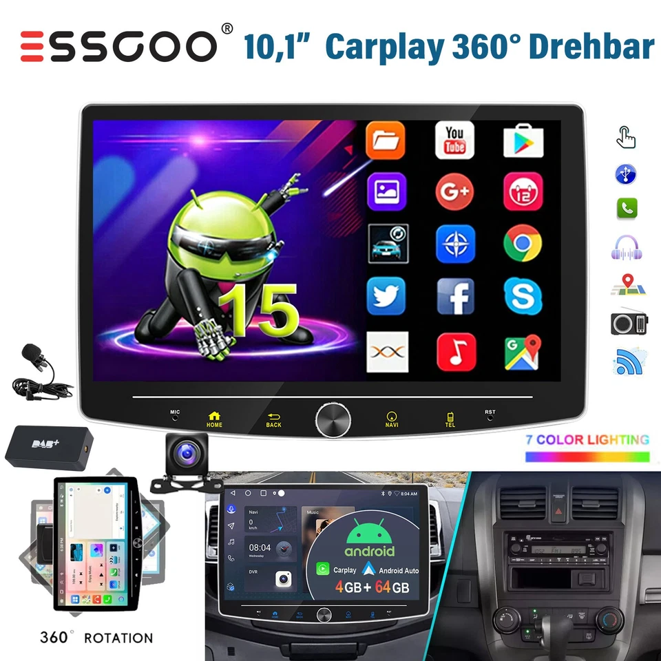 DAB+ 10.1" Android 15 360° Drehbar Bildschirm Autoradio 4+64G Carplay GPS BT RDS - Bild 1 von 4