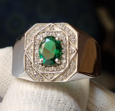 Lab Creat Emerald Silver Men Ring, 925 Sterling Silver Wedding & Engagement Ring