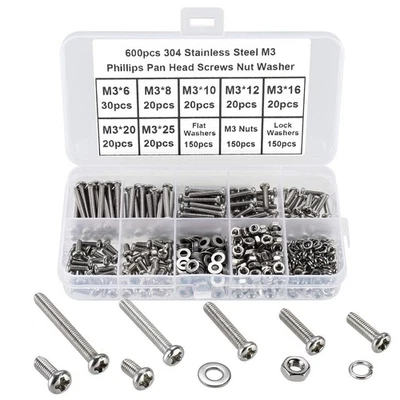 FANDWAY 600Pcs M3 Bolts and Nuts Set,Pan Head Machine Screws DIN 7985,Cross Small