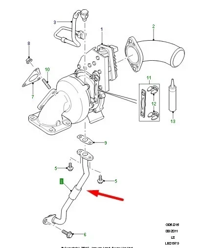 Tubo de retorno de aceite turbo cargador LR004444 para Land Rover Defender 2.4 TD 2007-2012 Foto 2 de 2