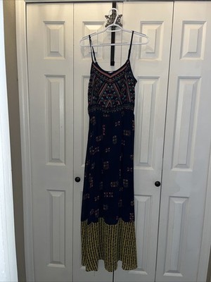 Womens Xhilaration Dress Maxi M Geometric Sleeveless Navy Yellow Cut Out Straps