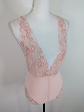 Vintage 90s Bodysuit Lingerie Pink Lace Mesh Deep V Neck Teddy Small Pink D2S