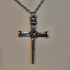 NAIL CROSS Pewter Pendant Charm / 24" STAINLESS ROPE CHAIN NECKLACE