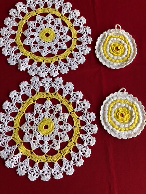 Four Hand Crocheted Table Doilies/Pot Holders, White Cotton/Yellow Trim