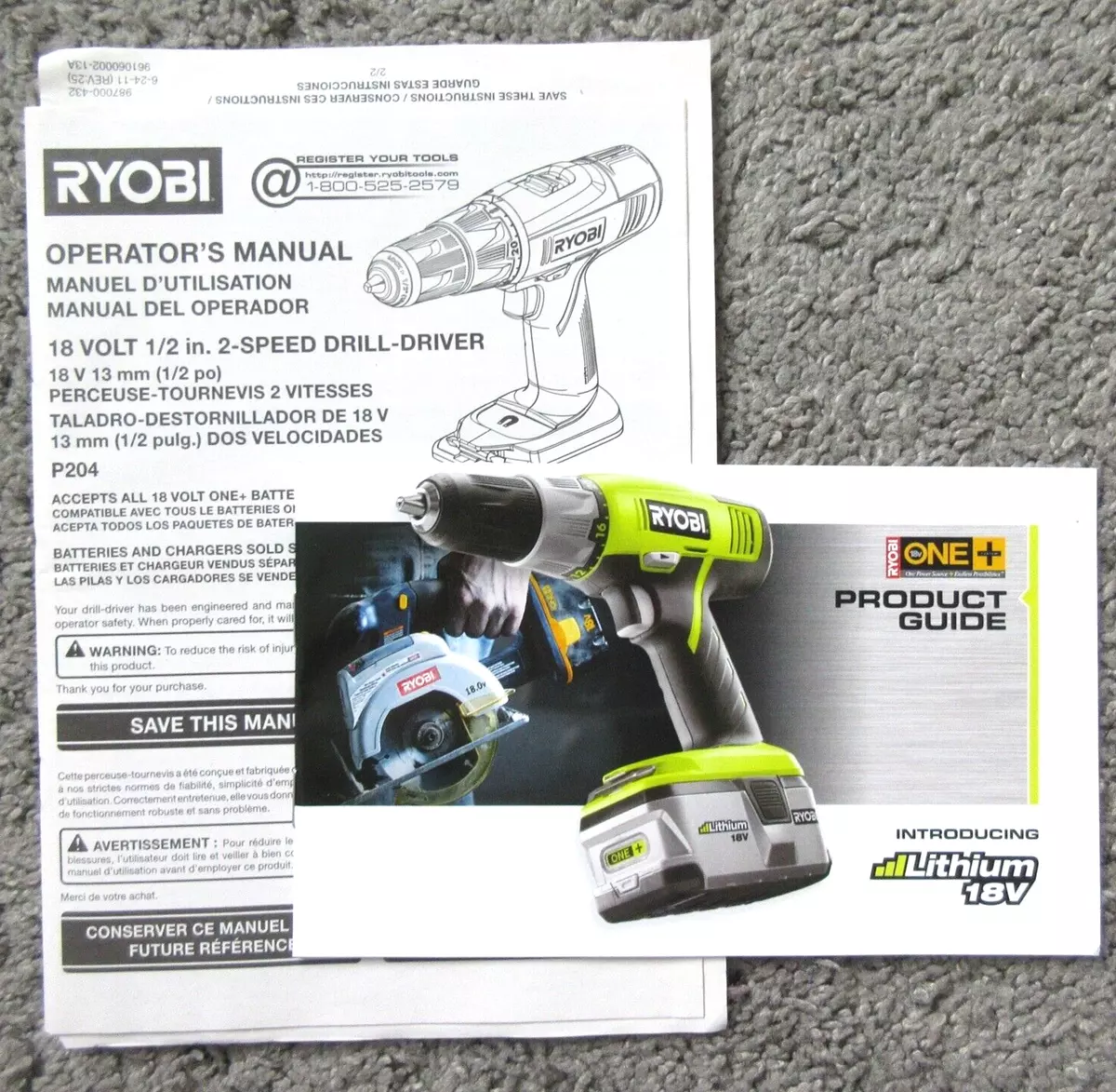NEW RYOBI INSTRUCTION MANUAL BOOKLET 18V 1 2