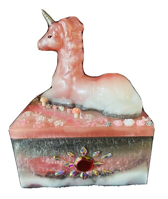 New Handmade 3D Unicorn Trinket Box W/ Lid & Real ROSE QUARTZ Pink,White, Grey