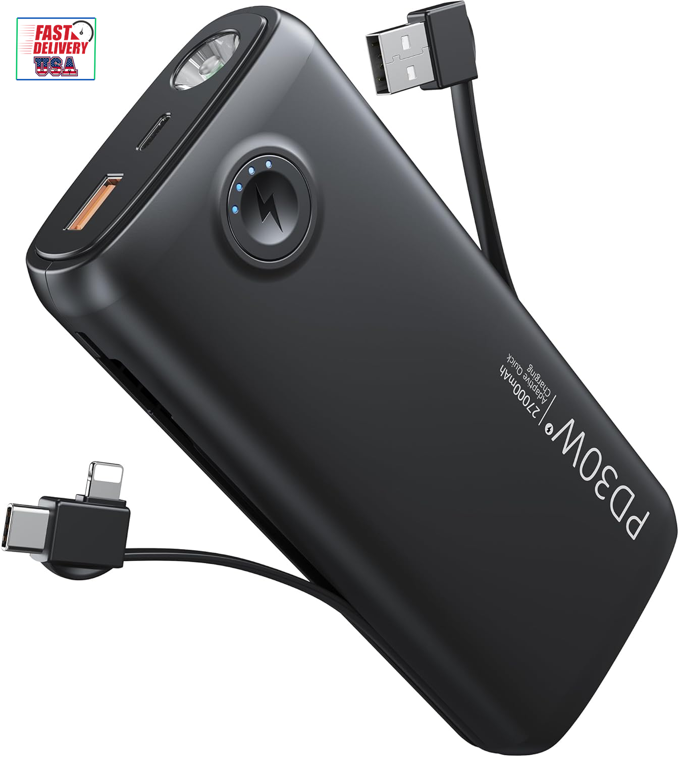 Portable Charger with Built in Cable, 27000Mah Power Bank QC4.0 22.5W PD3.0 USB