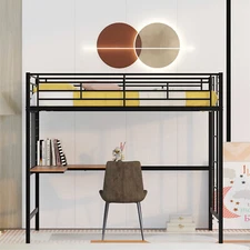 Twin/Full Size Metal Loft Bed Metal Bed Frame with L-Shaped Desk White/Black