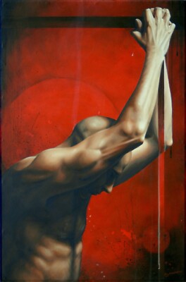 Muskulöse männliche Figur Studie, großes Original Acryl auf Leinwand Gemälde signiert.