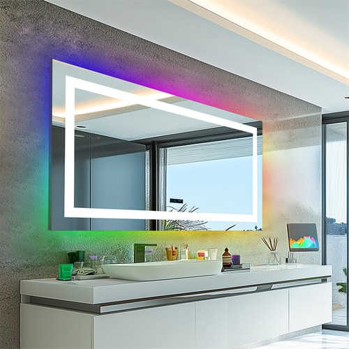 Long 47" RGB LED Bluetooth Bathroom Mirror w/ 2-Loudspeaker Touch Sensing Button - Picture 5 of 16