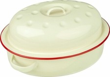 Enamel Oval Roaster Roasting Dish Oven Tray Casserole Pan Cream With Lid 26cm