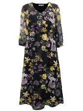 Together Dress Midi size 12 14 18 Black mustard tones floral A line