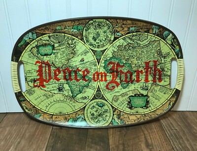 Old World Map 17.5'' Wooden Serving Platter Tray Peace on Earth  Compass Atlas