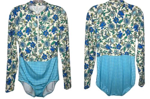 Lands' End 12 MASTECTOMY paddle suit swimsuit rash guard blue floral long sleeve - Picture 1 of 6