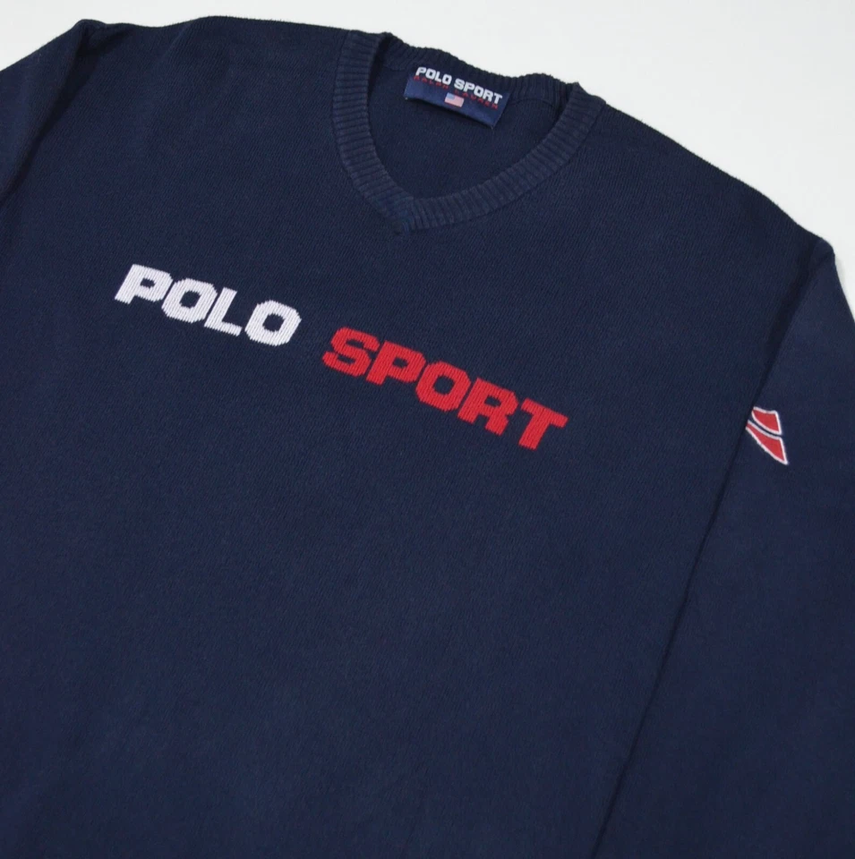 Suéter Jersey Tejido Ralph Lauren Vintage Años 90 POLO SPORT Bandera EE. UU. Azul Marino Foto 2 de 4