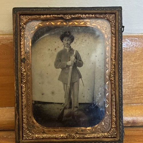 Original Civil War Tintype Soldier with Rifle in Ornate Case 6th plate