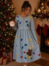 Women’s Vintage 1980s Christmas Lights Reindeer Embroidered Denim Dress