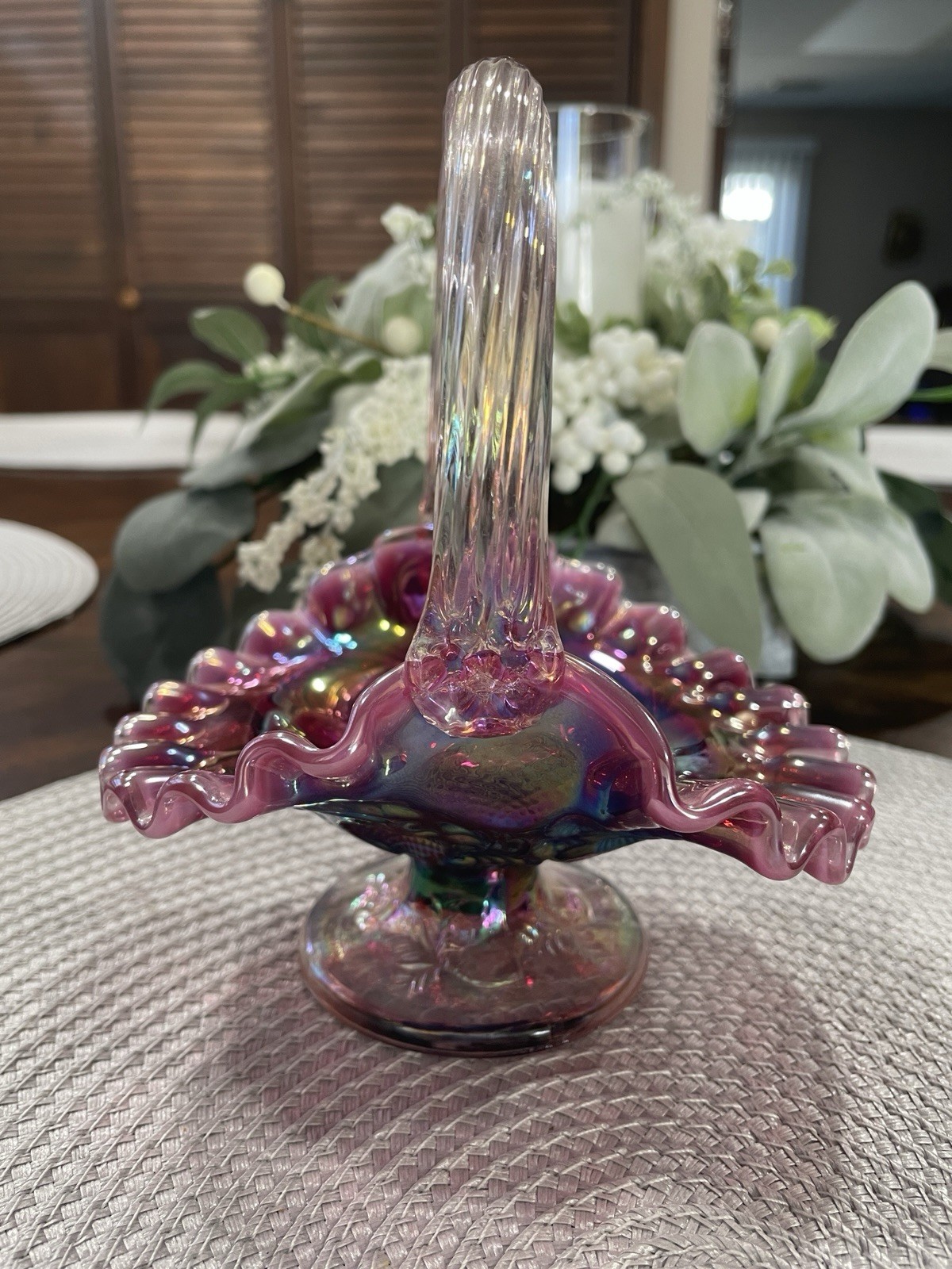 fenton plum opalescent inverted strawberry basket.  signed by george fenton