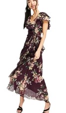 Asos Berry Floral Chiffon Ruffle hi low prairie open back Maxi Dress 6M