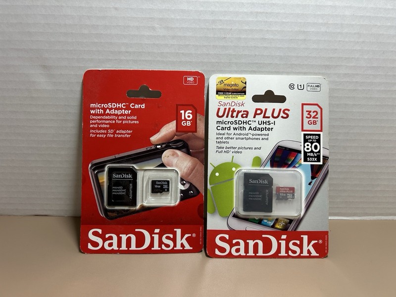 SANDISK Lot Of 2 MicroSDHC Cards W/ Adapters 32GB/16GB