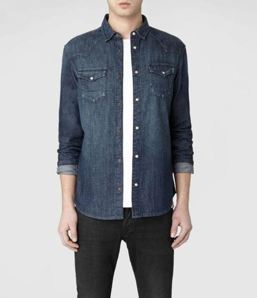Men AllSaints Shirt Navy Denim 38 / M / 46 #4VQ5