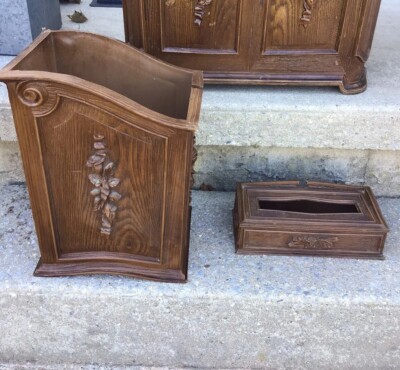 VINTAGE 1970's Pearl Wick FAUX WOOD Large Trash Can Wastebasket Tissue Box SET