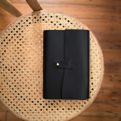 A5 Handmade Leather Notebook Cover  Raw Edge Journal  Black diary cover